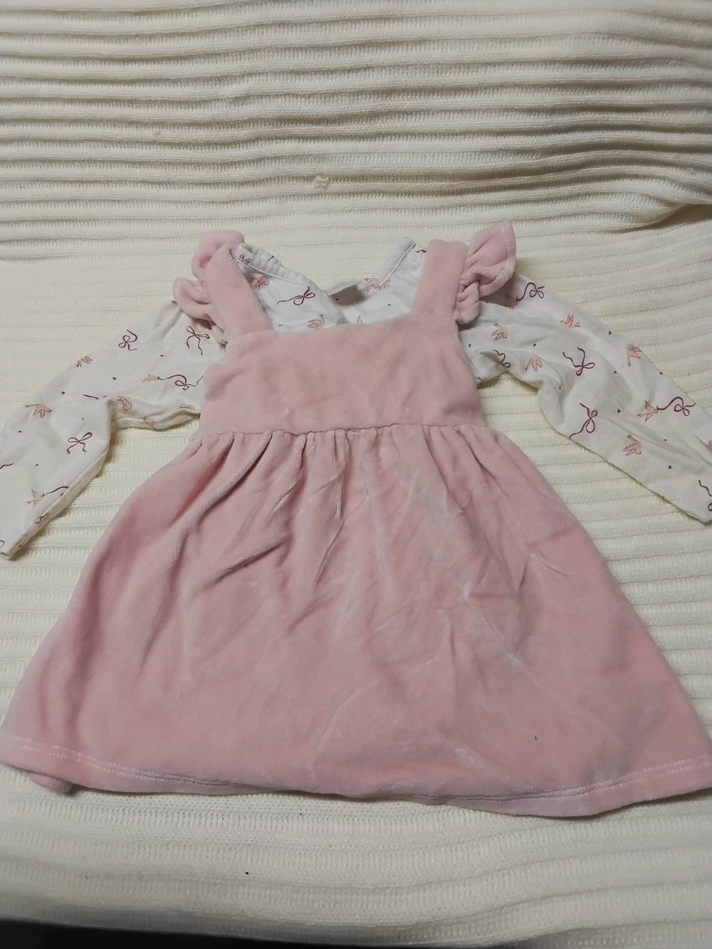 Nordstrom Pink Velvet Pinafore Set with Bow-Print Top